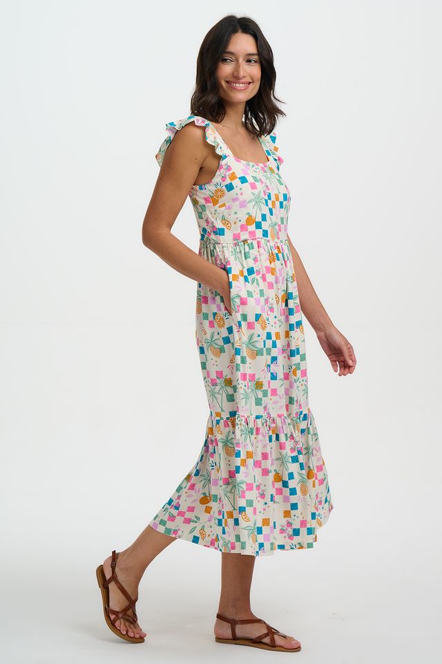 Sugarhill Brighton Estelle Shirred Sundress- Off White/Fruit Checkerboard