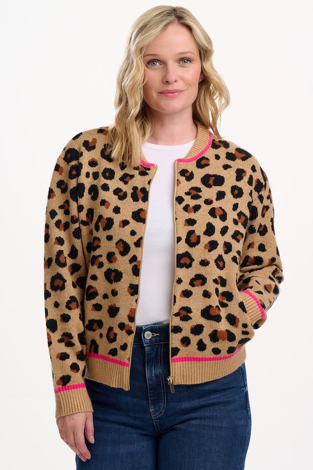 Sugarhill Brighton Solana Knitted Bomber- Tan/Black Leopard