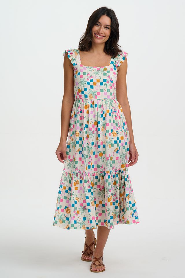 Sugarhill Brighton Estelle Shirred Sundress- Off White/Fruit Checkerboard