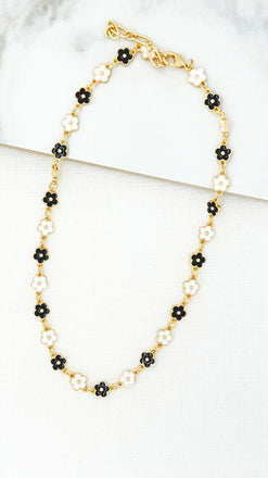 Envy Gold Black & White Enamel Flower Necklace