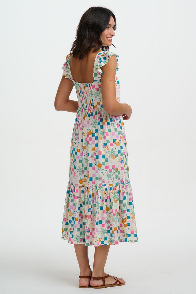Sugarhill Brighton Estelle Shirred Sundress- Off White/Fruit Checkerboard