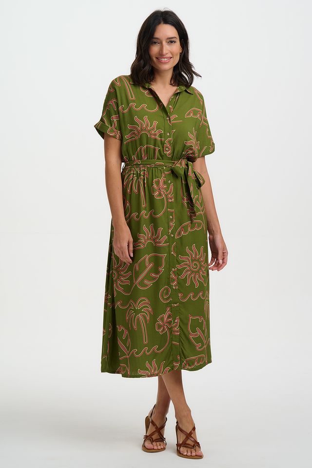 Sugarhill Brighton Leigh Midi Shirt Dress- Khaki, Tropical