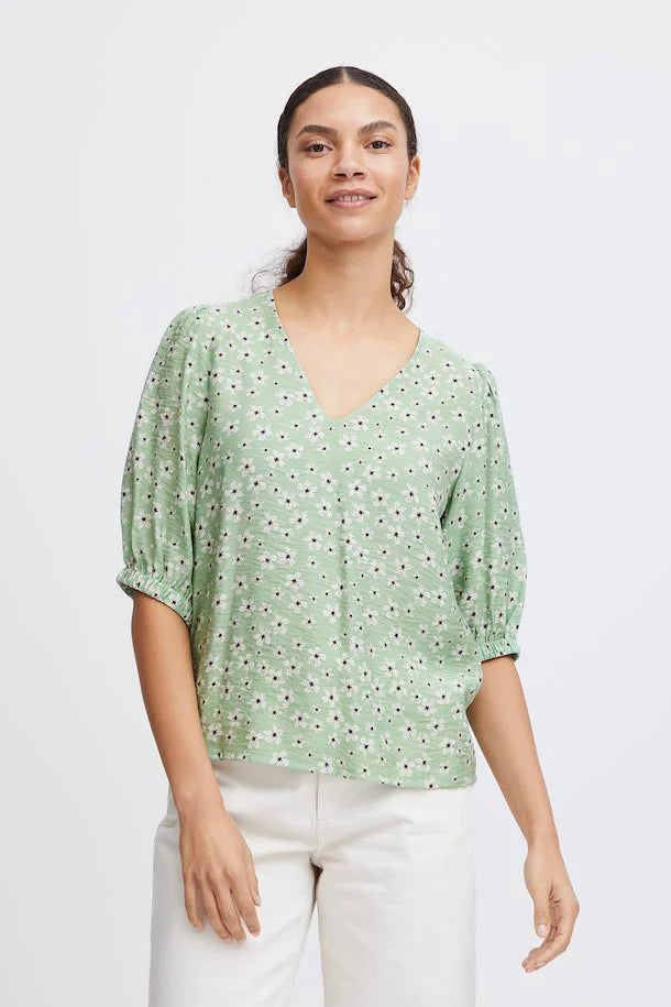 BYoung Ibano V Neck Blouse- Fair Green Flower