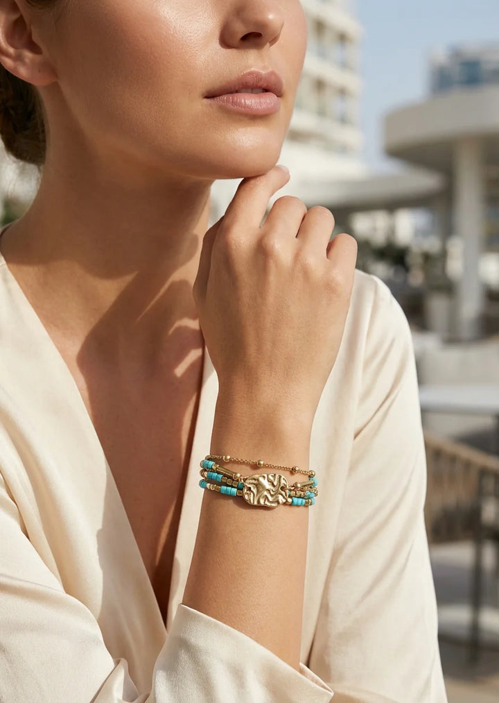 Envy Gold and Aqua Layered T-Bar Bracelet