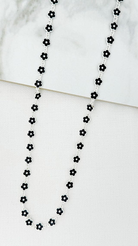 Envy Silver and Black Enamel Flower Necklace