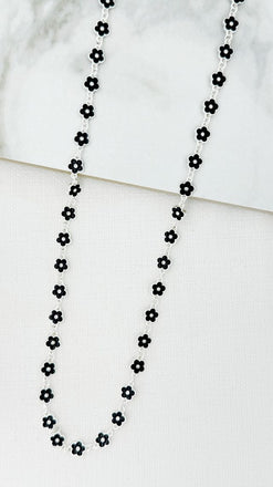 Envy Silver and Black Enamel Flower Necklace