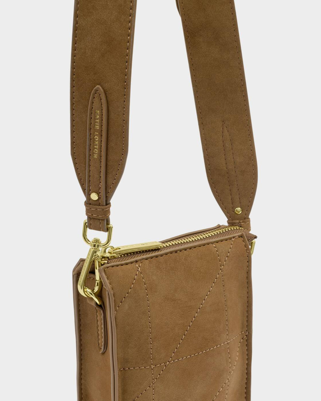 Katie Loxton Avery Slim Mini Quilted Suedette Crossbody Bag- Caramel