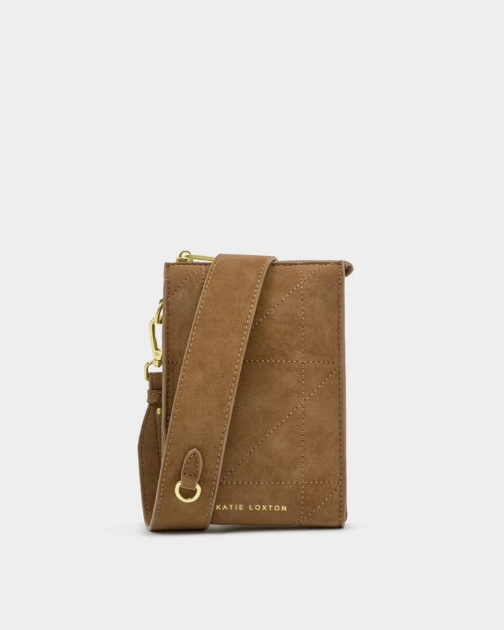 Katie Loxton Avery Slim Mini Quilted Suedette Crossbody Bag- Caramel