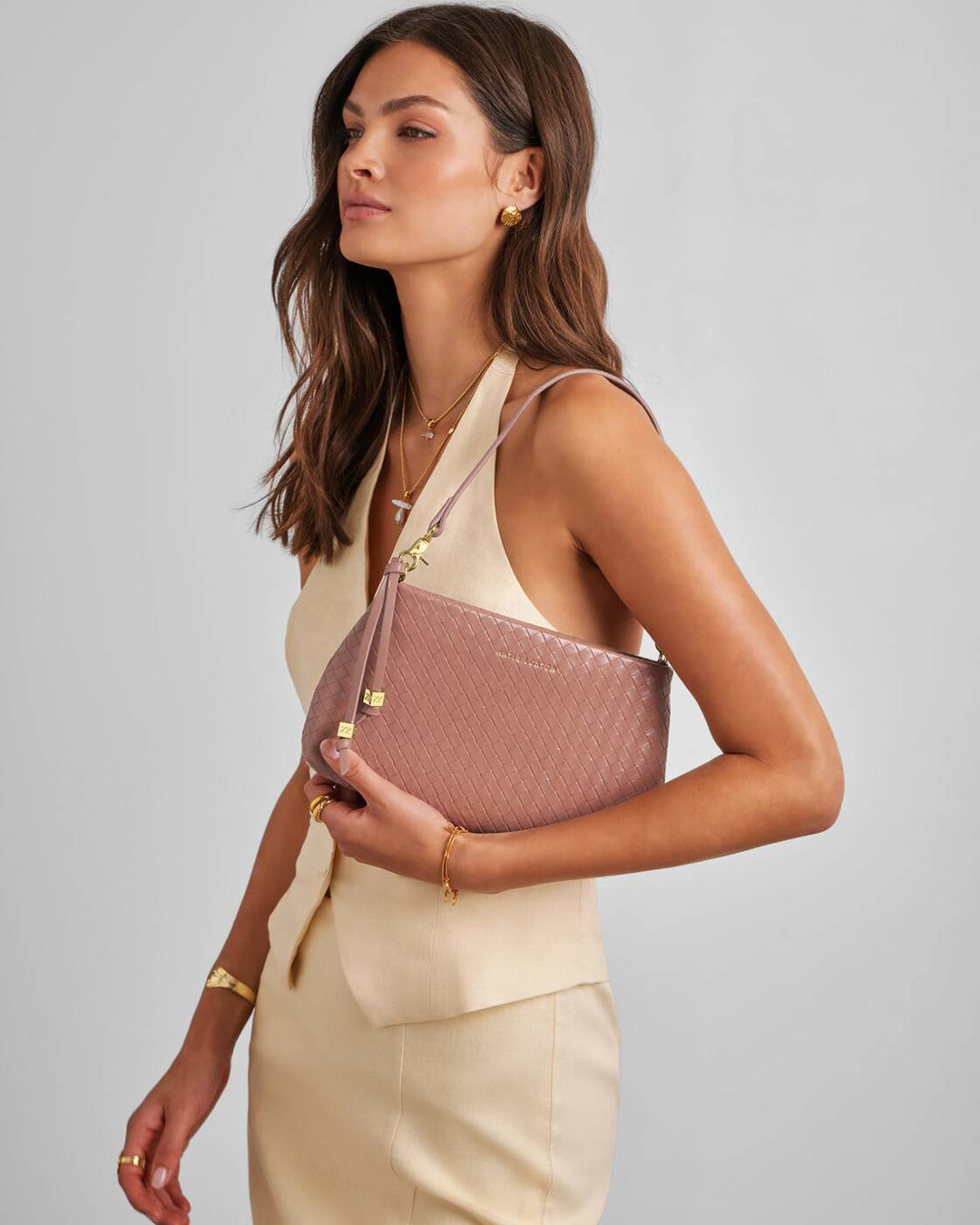 Katie Loxton Nova Woven Small Shoulder Bag- Pink Clay