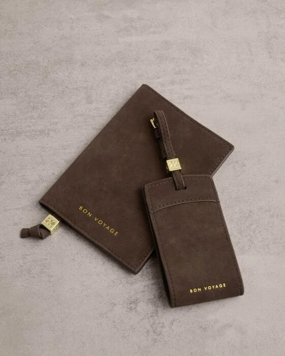 Katie Loxton Suedette Passport Cover 'Bon Vogage' - Chocolate Brown