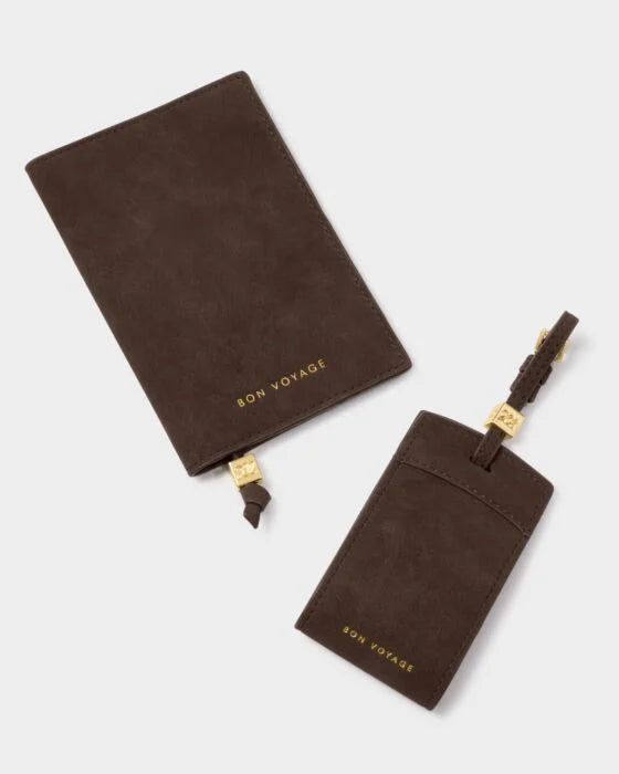 Katie Loxton Suedette Passport Cover 'Bon Vogage' - Chocolate Brown