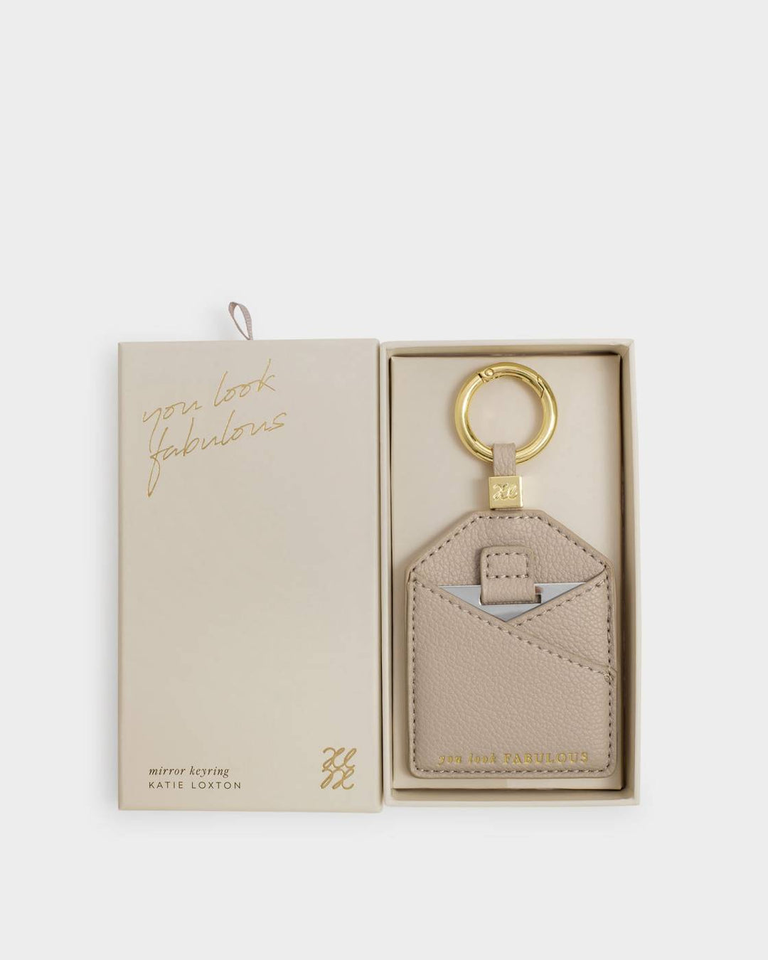Katie Loxton Boxed Mirror Keyring 'You Look Fabulous' - Light Taupe
