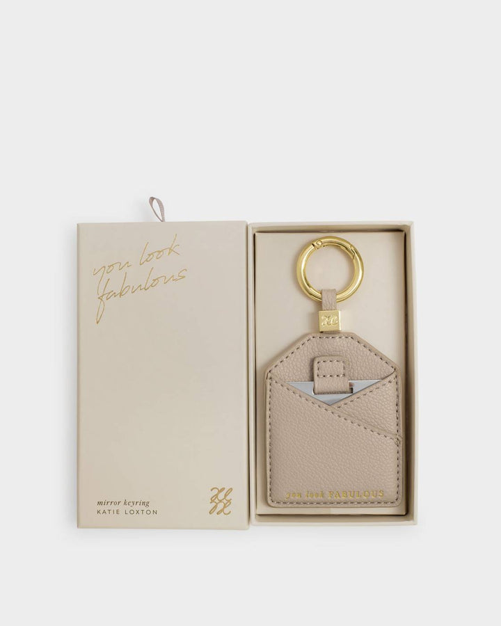 Katie Loxton Boxed Mirror Keyring 'You Look Fabulous' - Light Taupe