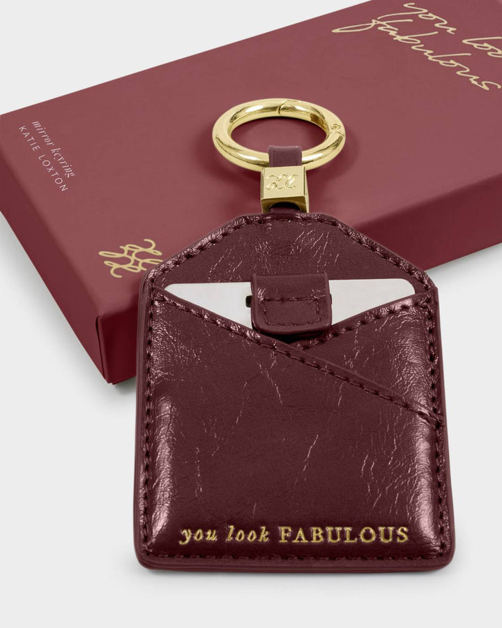 Katie Loxton Boxed Mirror Keyring 'You Look Fabulous' - Cherry Patent Crackle