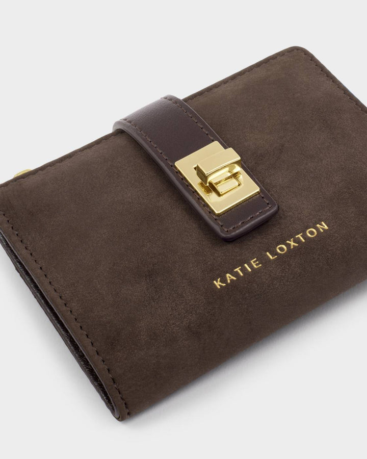 Katie Loxton Orin Twist Lock Purse- Bitter Chocolate Suedette