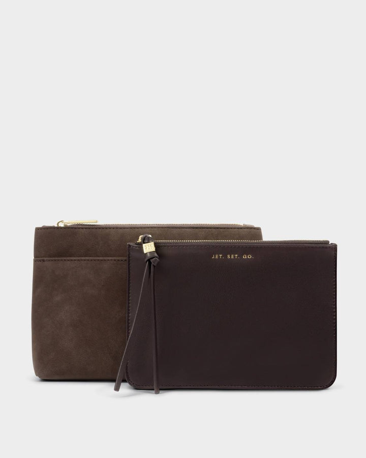 Katie Loxton Travel Duo Pouch- Chocolate Suede/ Choc Faux Croc