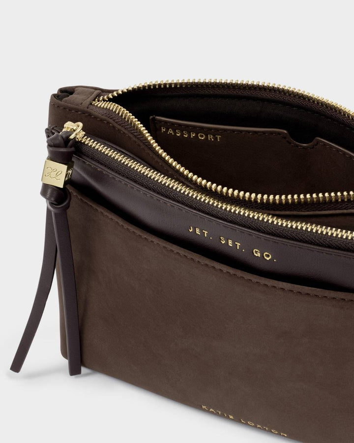 Katie Loxton Travel Duo Pouch- Chocolate Suede/ Choc Faux Croc