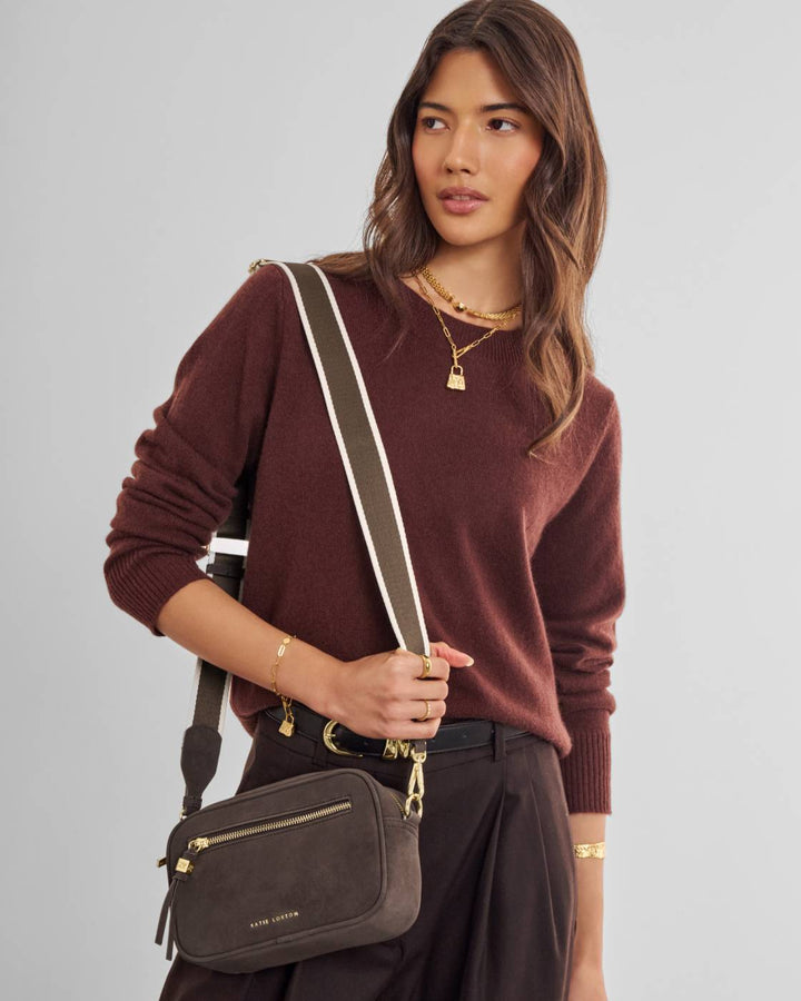 Katie Loxton Lottie Suedette Crossbody Bag- Chocolate