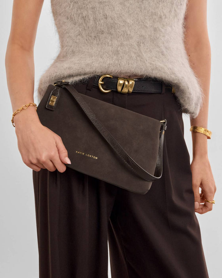 Katie Loxton Orin Twist Lock Small Shoulder- Bitter Chocolate Suedette
