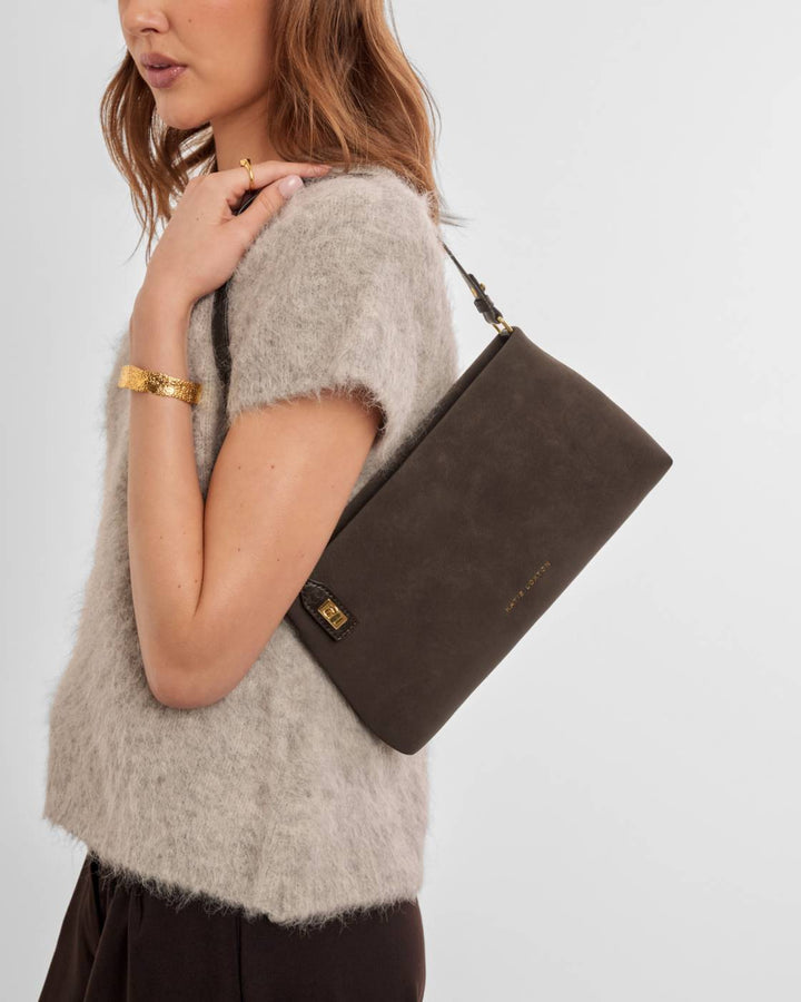 Katie Loxton Orin Twist Lock Small Shoulder- Bitter Chocolate Suedette