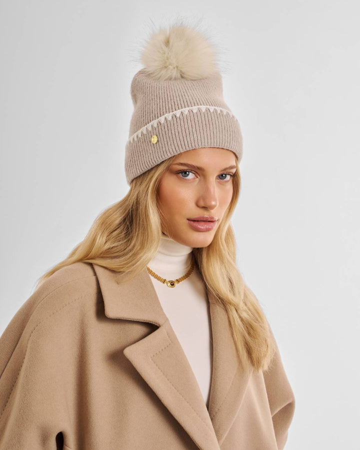 Katie Loxton Whipstitched Pom Pom Hat- Taupe