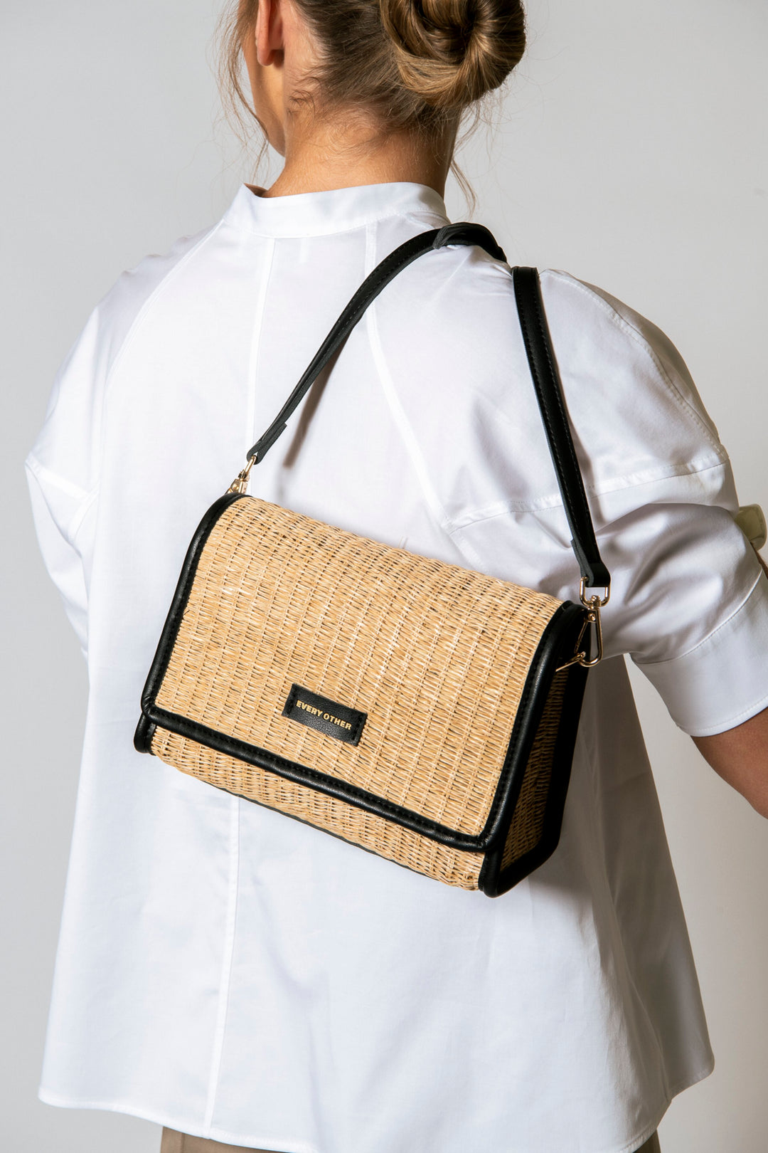 EVERY OTHER Straw Flap Over Cross Body Bag - Black