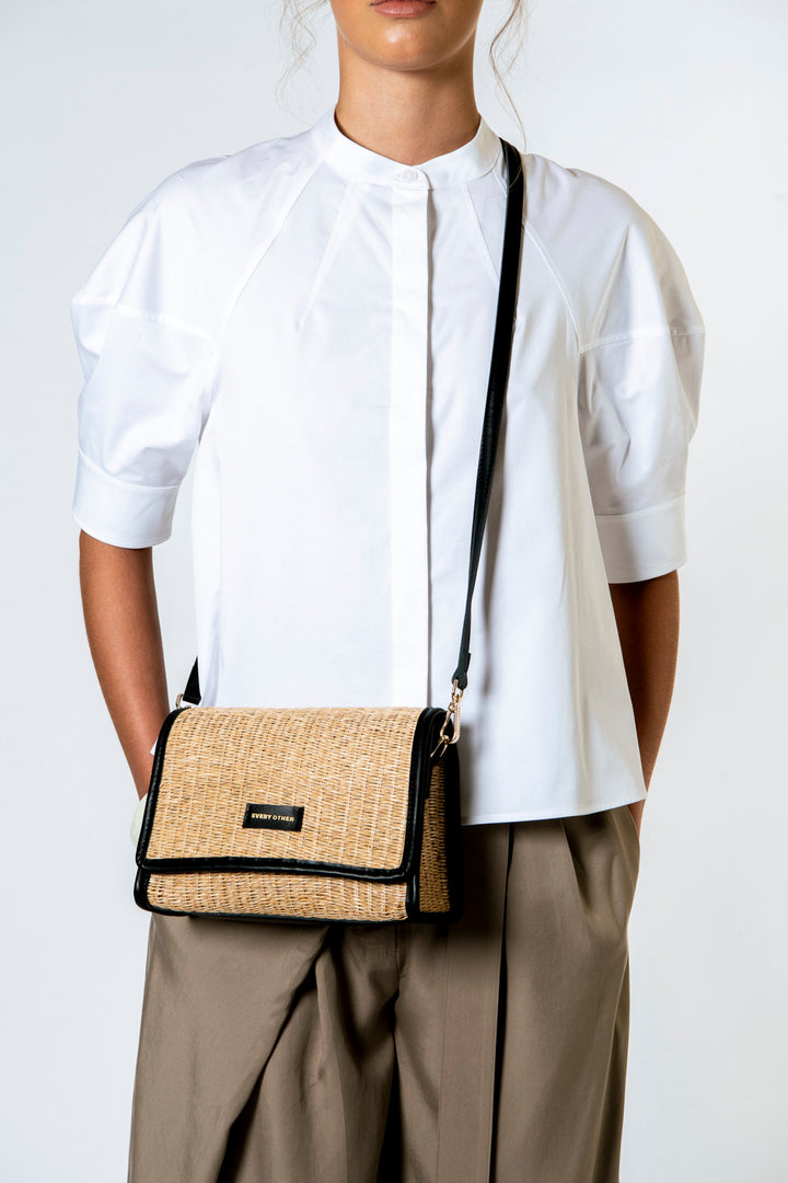 EVERY OTHER Straw Flap Over Cross Body Bag - Black