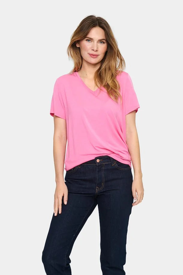 Saint Tropez AdeliaSZ V Neck T-shirt - Pink Cosmo Melange