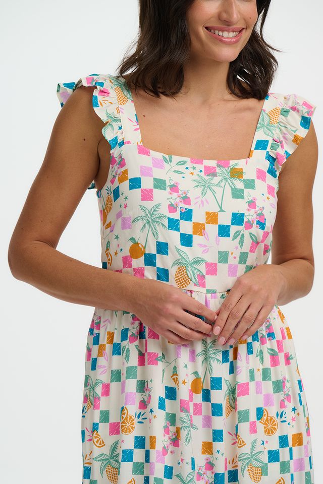 Sugarhill Brighton Estelle Shirred Sundress- Off White/Fruit Checkerboard