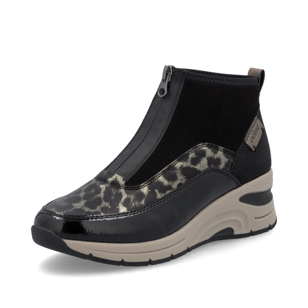 Rieker Ladies Zip Boots- Black Animal Print