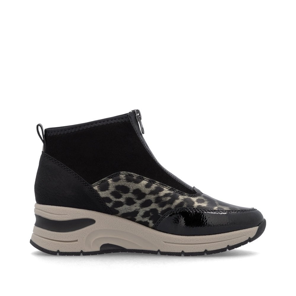 Rieker Ladies Zip Boots- Black Animal Print