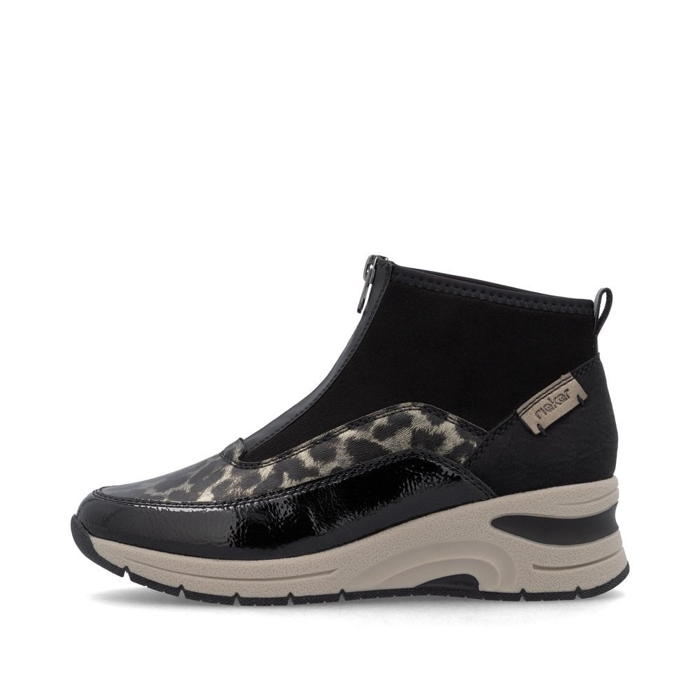 Rieker Ladies Zip Boots- Black Animal Print