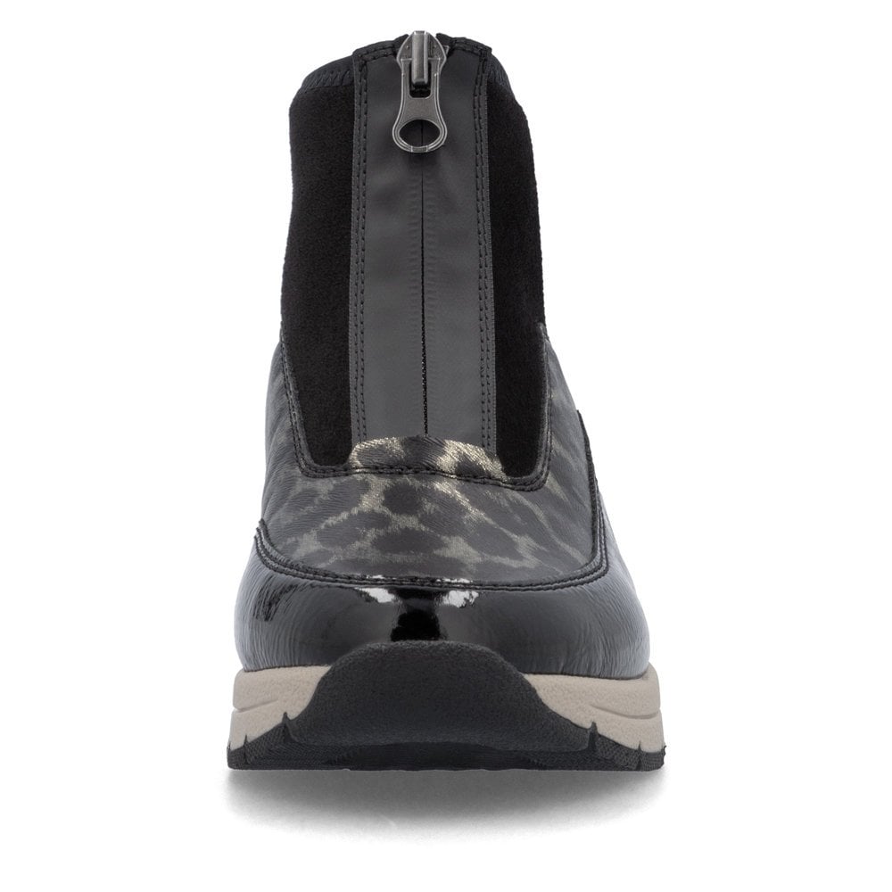 Rieker Ladies Zip Boots- Black Animal Print