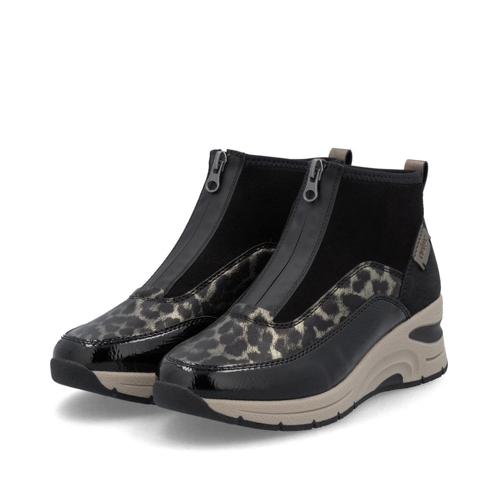 Rieker Ladies Zip Boots- Black Animal Print