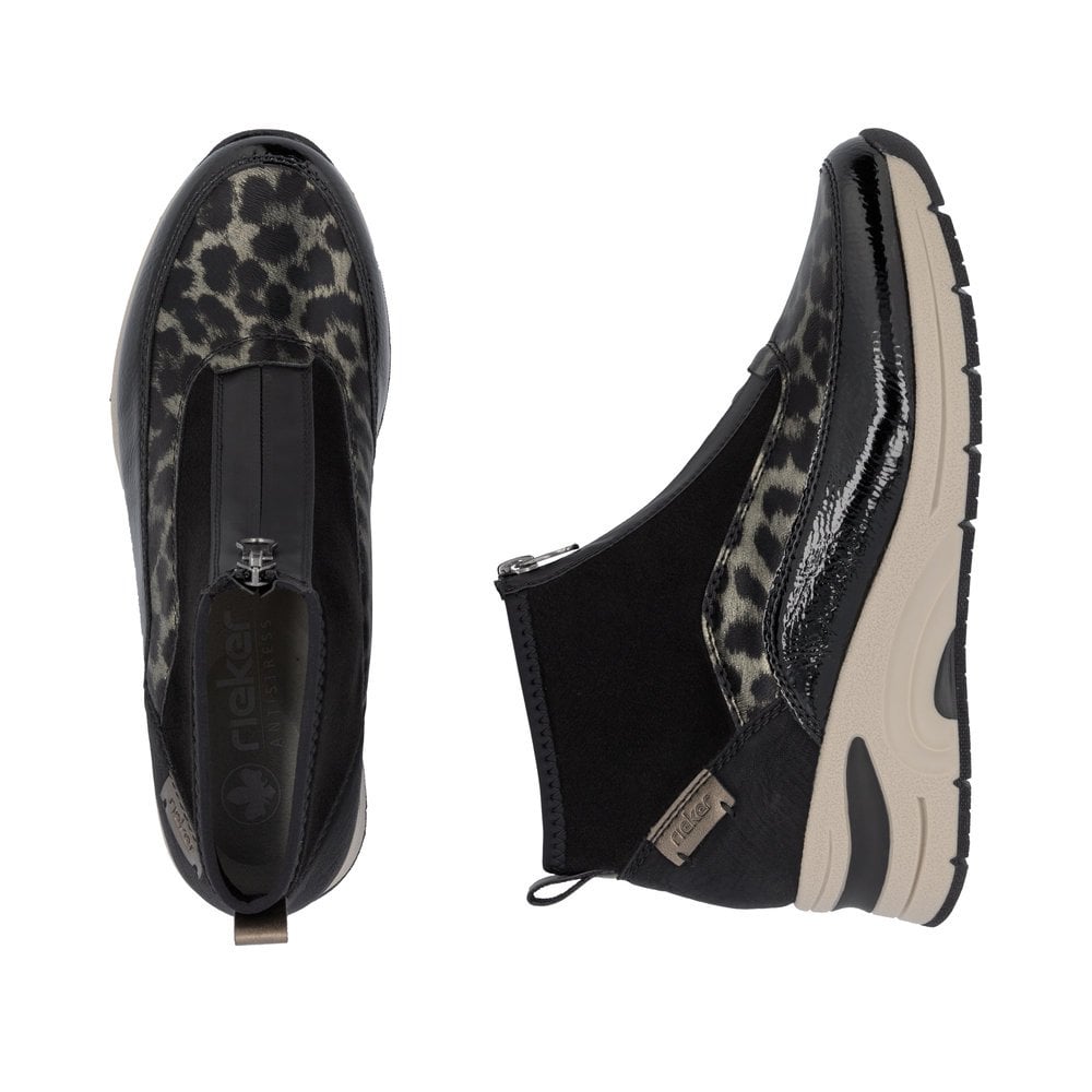 Rieker Ladies Zip Boots- Black Animal Print