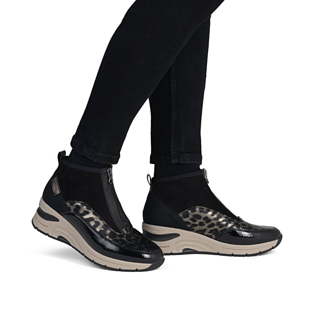 Rieker Ladies Zip Boots- Black Animal Print