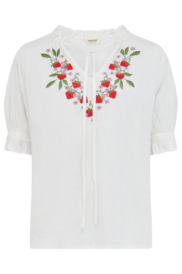 Sugarhill Brighton Angelique Shirred Top- Off White, Wild Strawberry