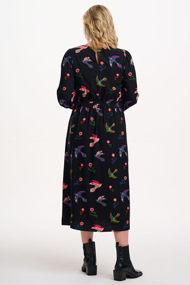 Sugarhill Brighton Darcie Shirred Midi Dress- Black, Rainbow Folk Bird