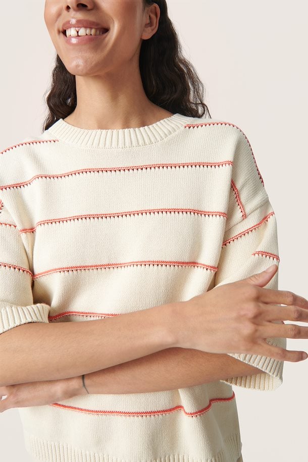 Soaked in Luxury Rava Romy Pullover- White & Hot Coral Stripe