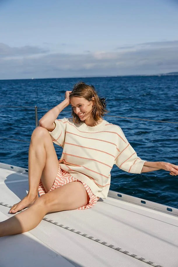 Soaked in Luxury Rava Romy Pullover- White & Hot Coral Stripe