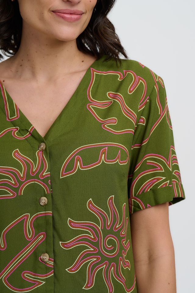 Sugarhill Brighton Hatti V-Neck Shirt- Khaki, Tropical