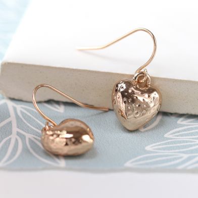 Pom Rose Gold Plated Hammered Heart Drop Earrings