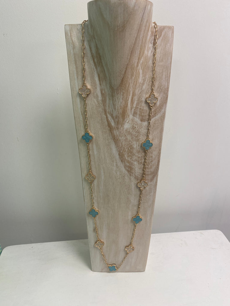 Envy Four Leaf Clover Long Necklace- Turquoise & Gold